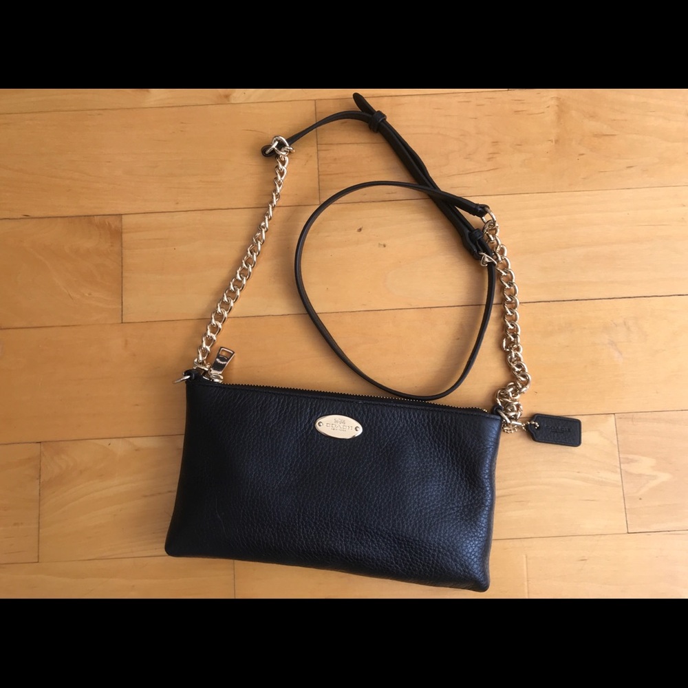 Black Leather Coach Clutch with Gold Chain